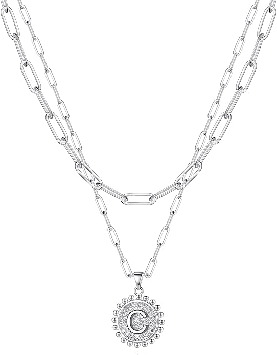 Ursteel Layered Initial Necklaces for Women, 14K-Gold-Plated Dainty Layering Paperclip Chain Necklaces for Women Jewelry