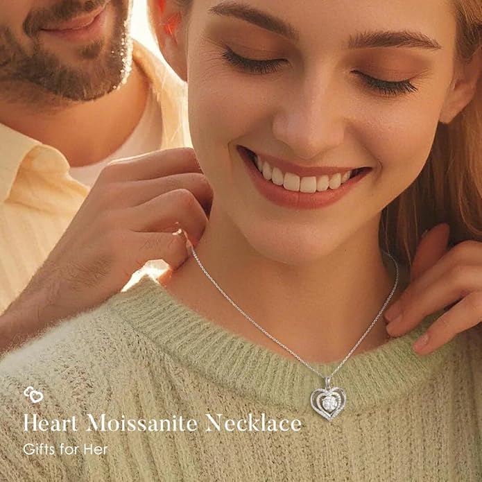 MOOSEA Valentines Day Gifts for Her - 925 Sterling Silver Double Heart Moissanite Pendant Necklace, 1-3 Carat D Color VVS1 Clarity Moissanite, Anniversary Birthday Gift for Women Mom Wife Girlfriend