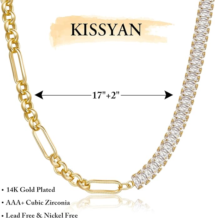 KissYan Diamond Tennis Necklace for Women, 14K/White Gold Plated Cubic Zirconia Baguette Tennis Chain Chunky Paperclip Link Cuban Choker Necklace Dainty Jewelry Gifts