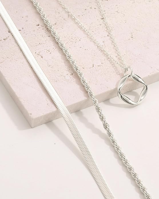 Layered Gold Silver Necklace for Women Non Tarnish,Dainty Choker Statement Chunky Necklace Stack Charm Pendant Chain Necklace Set 14K Gold Plated Long Stacked Womens Necklaces Trendy Jewelry Gift