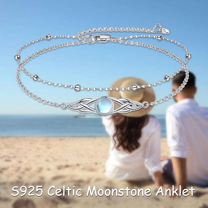 VONALA 925 Sterling Silver Celtic Anklet for Women Irish Moonstone Ankle Bracelet Moonstone Anklet Knot Viking Gemstone Jewelry