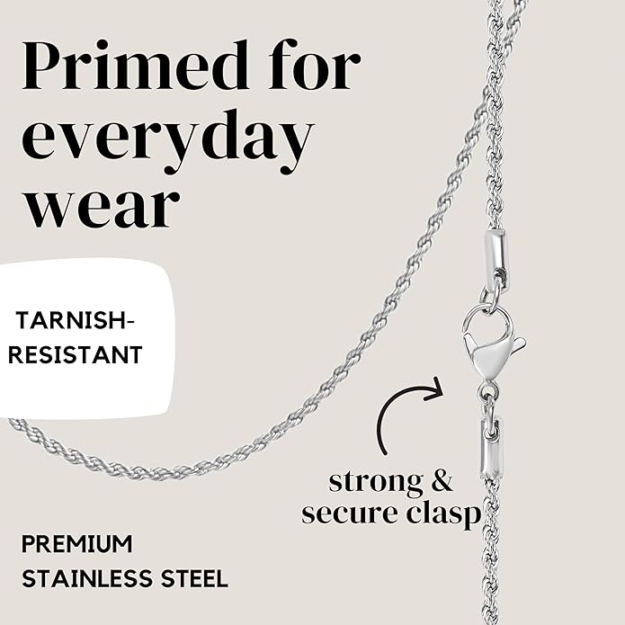 KISPER 24k White Gold Rope Chain Necklace –Thin, Dainty, White Gold Plated Stainless Steel Jewelry for Women & Men with Lobster Clasp