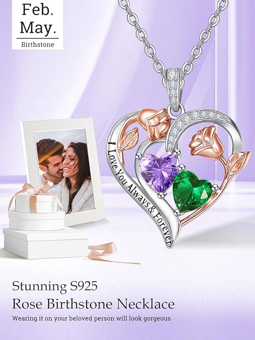 Zeuslia Double Birthstone Necklace Gifts for Wife - 925 Sterling Silver Sunflower/Rose/Crown Cross/Compass/Heart Pendant I Love You Necklace, Anniversary Birthday Gifts for Wife Girlfriend Mom Her