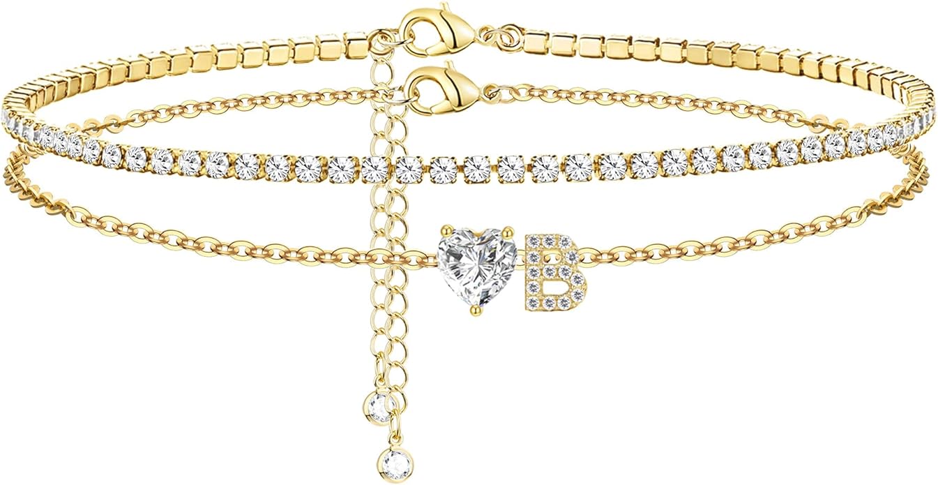 Gold Initial Ankle Bracelets for Women 14K Gold Plated CZ heart Tennis Anklets for Women Waterproof Layered Adjustable Letter Anklets Large Ankle Summer Beach Foot Jewelry