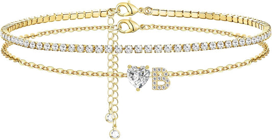 Gold Initial Ankle Bracelets for Women 14K Gold Plated CZ heart Tennis Anklets for Women Waterproof Layered Adjustable Letter Anklets Large Ankle Summer Beach Foot Jewelry