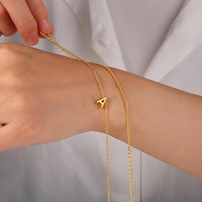 Turandoss Gold Initial Bracelets for Women, Dainty 18K Real Gold Plated Layered Letter A-Z Initial Bracelets Personalized 26 Alphabet Monogram Gold Bracelets for Women Jewelry Gifts Trendy