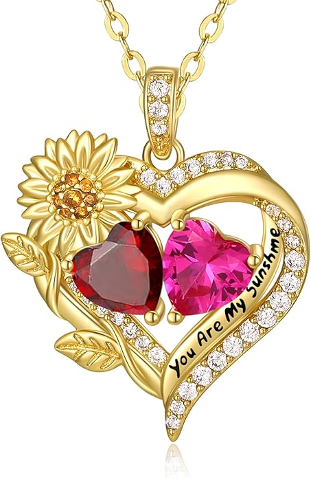 Sunflower Heart Necklace for Women 14K Gold Exquisite Anniversary Birthday Gifts for Wife Mother Her Double Birthstone Pendant jewelry‘You Are My Sunshine’
