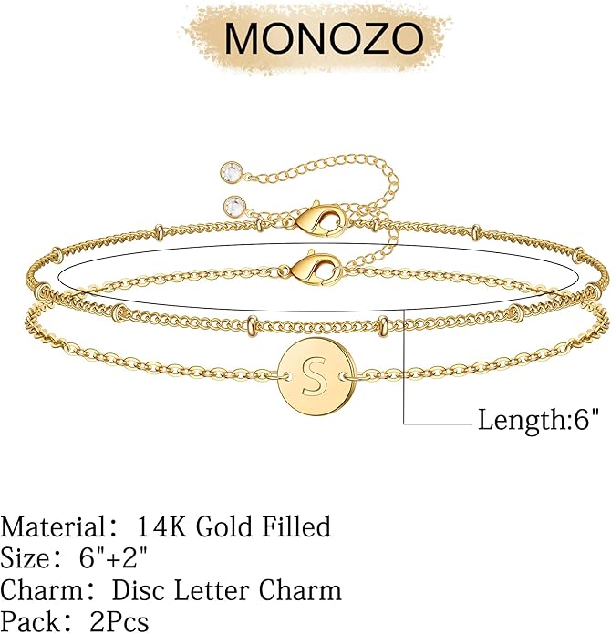 MONOZO Gold Initial Bracelets for Women Girls Christmas Gifts - Dainty 14K Gold Plated Layered Beaded Letter Initial Bracelet 26 Alphabet Disc Monogram Charm Bracelet Jewelry Christmas Gifts for Women