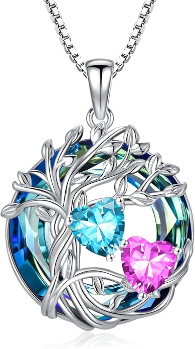 TOUPOP s925 Sterling Silver Family Celtic Tree of Life Pendant Necklaces with 2 Heart Birthstone with Blue Austrian Crystal Jewelry Birthday Anniversary Christmas Gifts for Her Wife Girlfriend Mom (18K Real White Gold Filled)