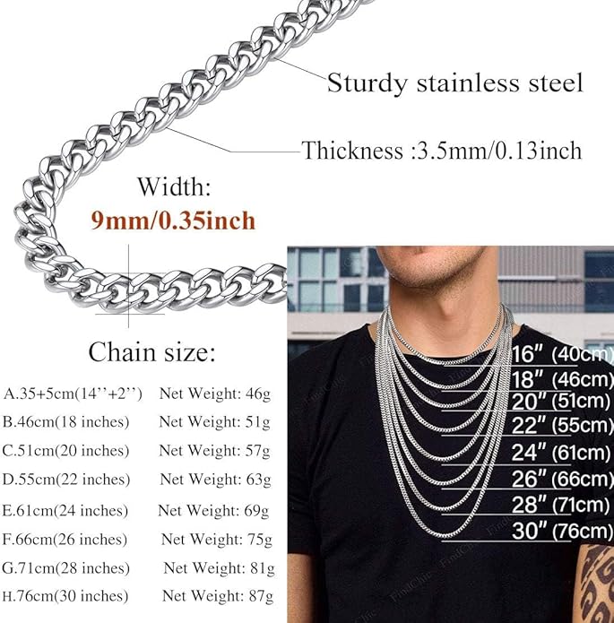 FindChic Men Curb Chain Necklace 18K Gold Plated/Stainless Steel/Black Chunky Double Tight Cuban Link Hip Hop Neck Chains for Men Boys 3.5MM/5MM/6MM/7MM/9MM/12MM 14''-30'' 8 Length Options (Send Gift Box)