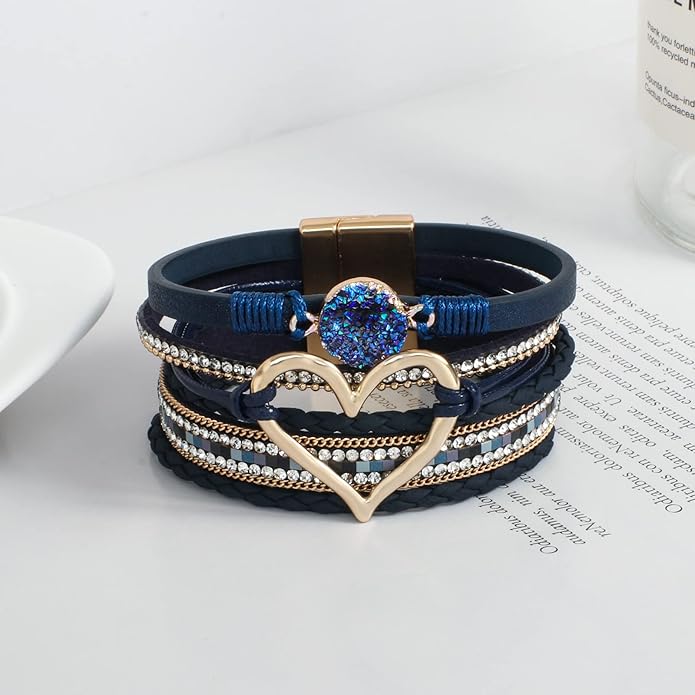 Leather Wrap Bracelet for Women Beaded Cuff Bracelet with Heart-shape Decor Bohemian Crystal Bracelet Jewelry with Clasp Bangle Bracelet for Women Girls Birthday Holiday Gift