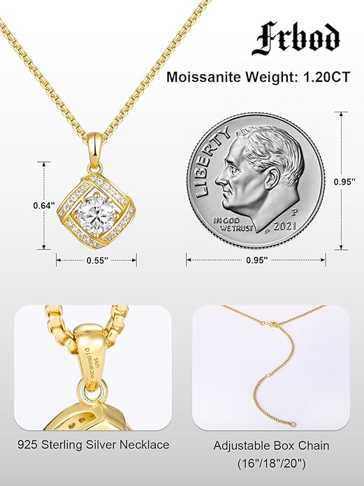 D Color 0.53ct/1.24ct/1.72ct/1.2ct Moissanite Necklace for Women Men, 925 Sterling Silver Chunky Circle/Triangle/Square Pendant, Birthday Christmas Valentines Jewelry, 16-20 Inch Box Chain Adjustable