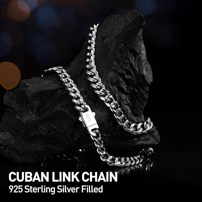 catonmoon 7mm Miami Cuban Link Chain Necklace for Men And Women, 316l Stainless Steel And 925 Sterling Silver Filled, Available In 18/20/22/24/26/28/30 Inches Silver Chain for Men Necklace