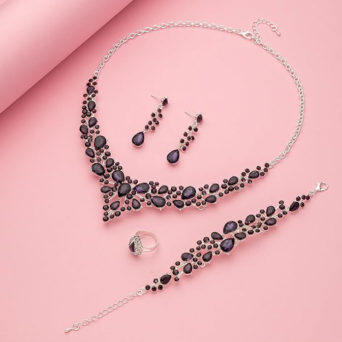 Paxuan Crystal Bridal Wedding Jewelry Sets for Women Rhinestone Teardrop Crystal Statement Choker Necklace Drop Earrings Link Bracelets Rings Teardrop Jewelry Set for Brides Bridesmaids