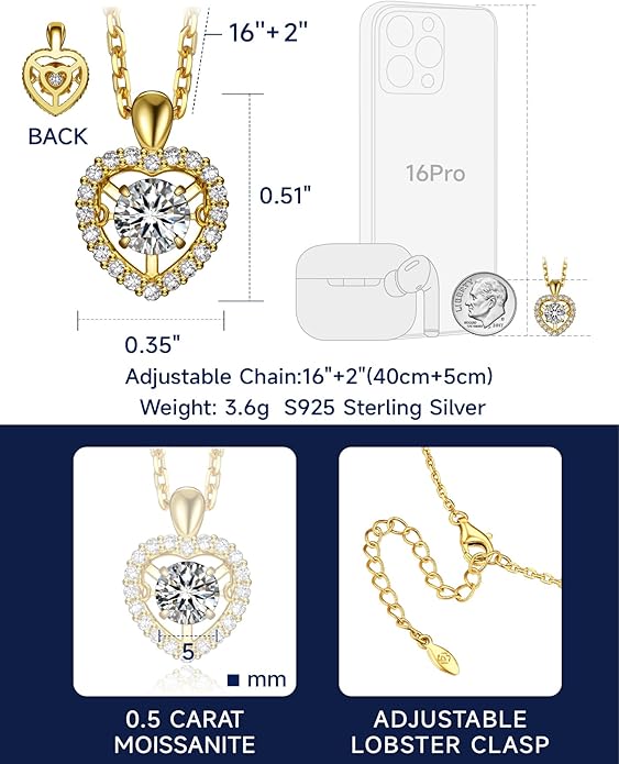 MomentWish Dancing Heart Necklace for Women, 0.5/1 Carat Dancing Moissanite Necklace for Her 925 Sterling Silver Pendant Anniversary Birthday Christmas Gift for Wife Mom Girlfriend