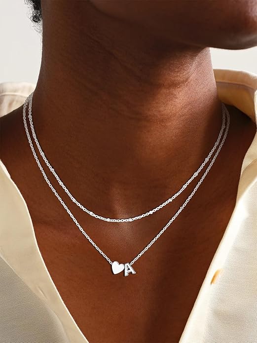 FOCALOOK Layered Initial Necklace for Women, 14K Gold Plated Choker Necklaces Stacks with Initial A-Z, Dainty Silver Heart Pendant Necklace Personalized Birthday Women Jewelry