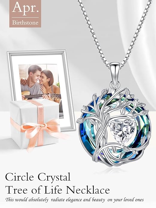 TOUPOP Christmas Gifts Tree of Life Birthstone Necklace 925 Sterling Silver Pendant Austrian Crystal Jewelry Anniversary Birthday Gifts for Women Mom Her Wife