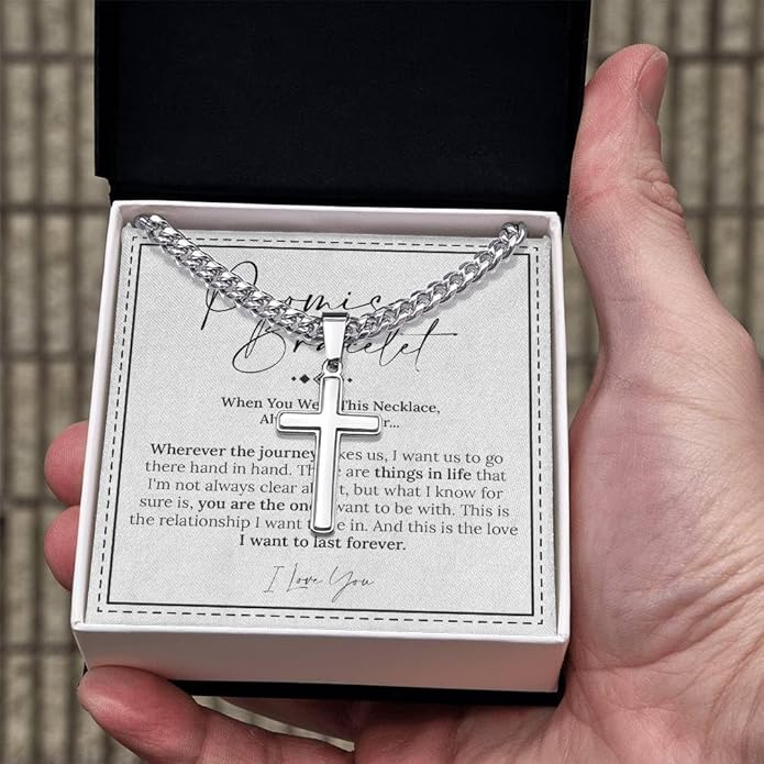 FLAGISTA Promise Cross Necklace for Him – Stainless Steel Cross Pendant with Cuban Link Chain, Meaningful Promise Gift for Husband, Boyfriend or Loved One.