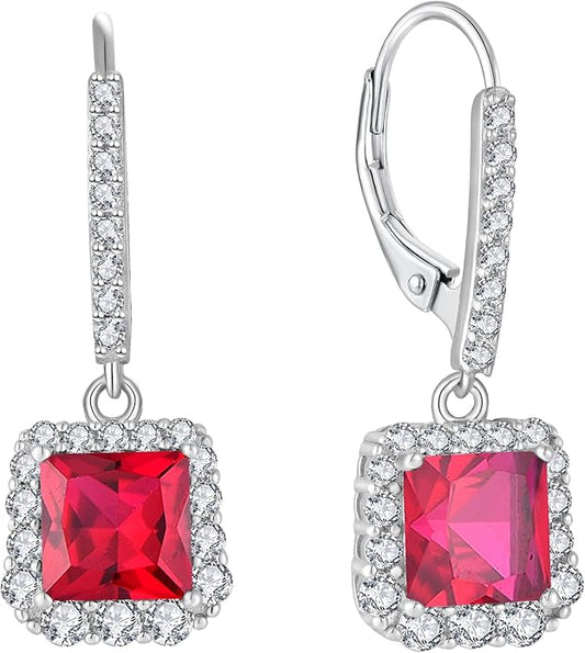 Square Dangle Drop Earrings Sterling Silver Halo Leverback Earrings Birthstone Jewelry for Women