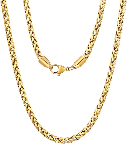 Fiusem Wheat Chains for Men and Women, 2/2.5/3/4/5mm Silver Tone/14K Gold Plated/Black Necklace Chain, Stainless Steel Mens Necklace 16-28 Inch