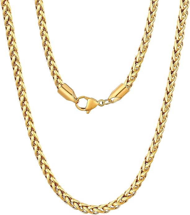 Fiusem Wheat Chains for Men and Women, 2/2.5/3/4/5mm Silver Tone/14K Gold Plated/Black Necklace Chain, Stainless Steel Mens Necklace 16-28 Inch