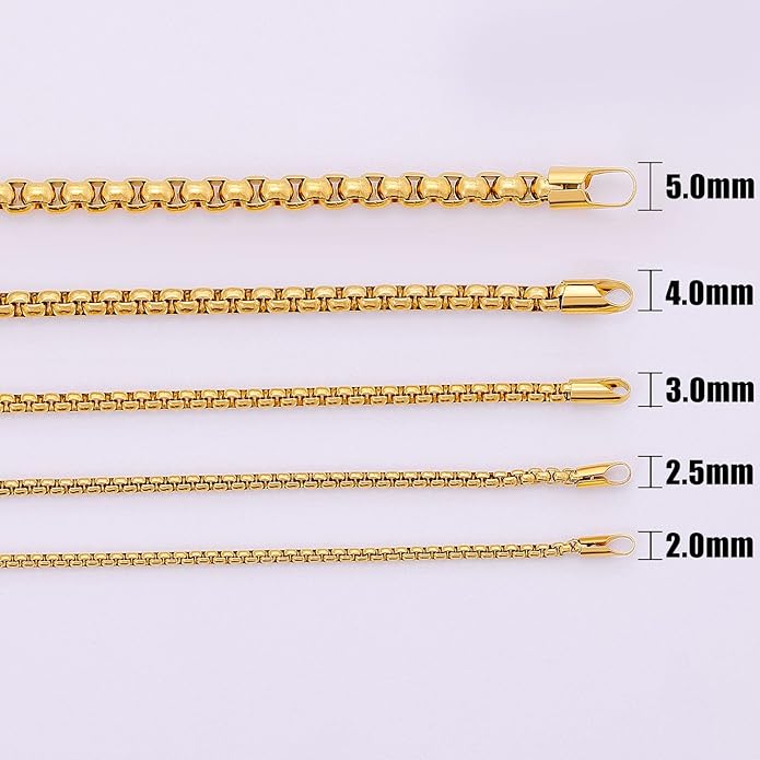 Fiusem Box Chain for Men, Silver Tone/14K Gold Plated/Black Stainless Steel Necklace for Men and Women, Width 2/2.5/3/4/5mm, Length 18-28 Inches
