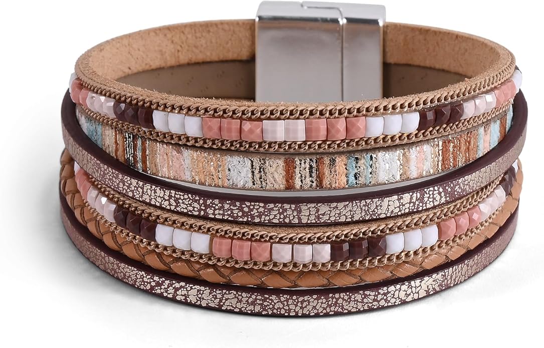 ENGCKSHI Wrapped Bracelets for Women,Leather Bracelet,Boho Bracelets for Women,Multi-Layer Pearl Crystal Bracelet Bangle Jewelry