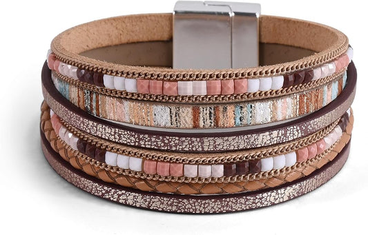 ENGCKSHI Wrapped Bracelets for Women,Leather Bracelet,Boho Bracelets for Women,Multi-Layer Pearl Crystal Bracelet Bangle Jewelry