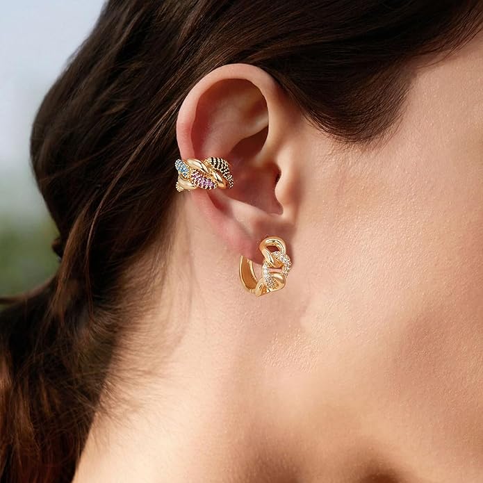 Gold Huggie Hoop Earrings 14K Gold Plated Dainty Chunky Thick Hoop Diamond Cubic Zriconia Inlay Sleeper Tiny Delicate Boho Beach Simple Hypoallergenic Jewelry Gift for Her