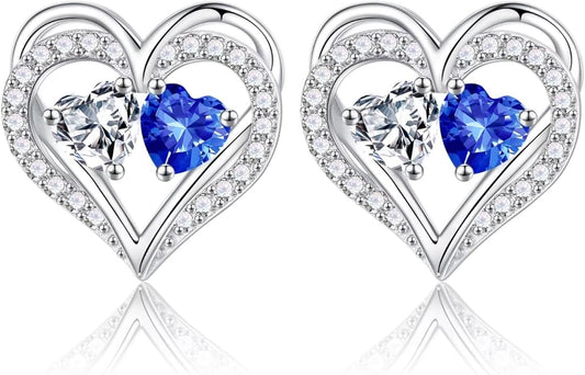Iefil Birthstone Earrings for Women - 925 Sterling Silver Heart Earrings Anniversary Birthday Gifts for Women Wife Girlfriend Mom