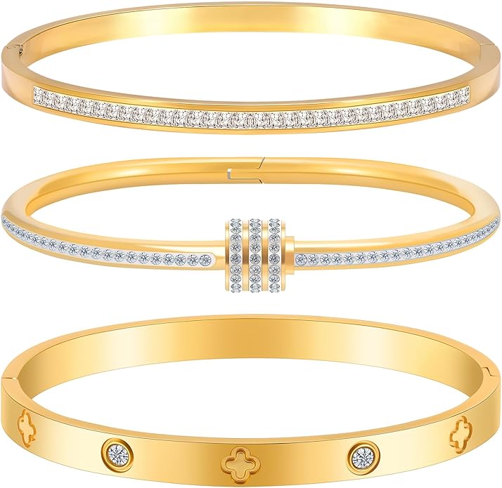 Gold Bracelets for Women - Stackable Bangles with Friendship & Love Theme - Stainless Steel Jewelry Gift for Her