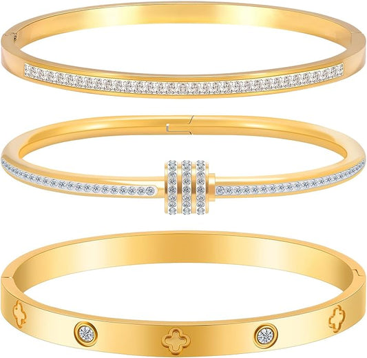 Gold Bracelets for Women - Stackable Bangles with Friendship & Love Theme - Stainless Steel Jewelry Gift for Her