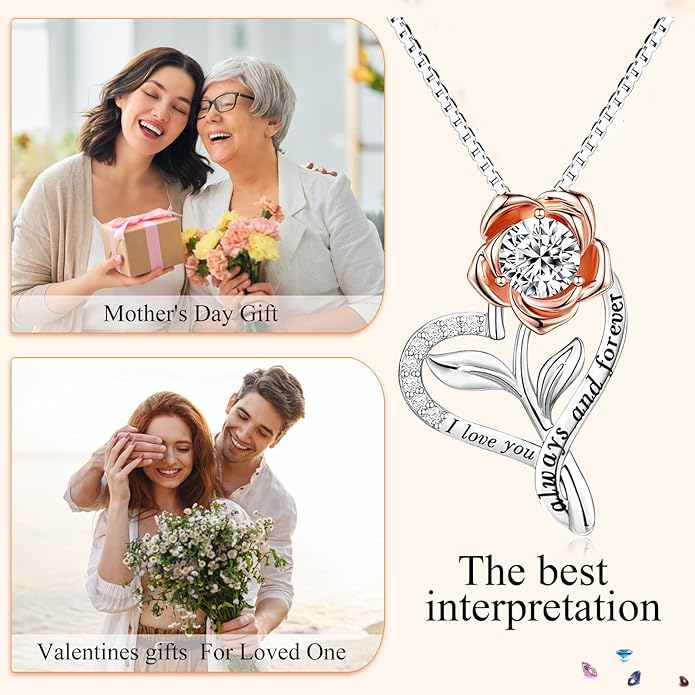 Heart Necklaces for Women Anniversary Birthday Valentine Gifts for Her Wife Girlfriend Gifts, I Love You Always And Forever Rose Flower Jewelry for Mom Daughter Sister Friend S925 Sterling Silver