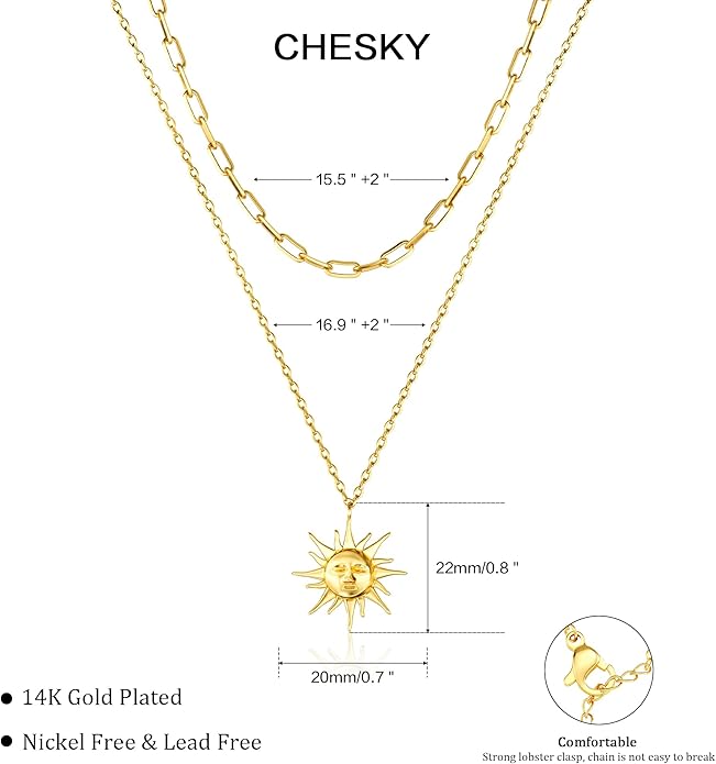 CHESKY Layered Necklaces for Women Trendy, Dainty 14k Gold Plated Pendant Necklace Layering Necklace for Women Non Tarnish Hypoallergenic Sun Gold Necklace Stack Gold Jewelry for Women Gifts
