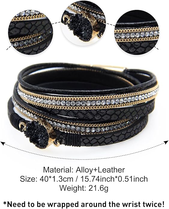 Fesciory Leather Wrap Bracelets for Women, Boho Leopard Multi-Layer Crystal Beads Cuff Bracelet Jewelry