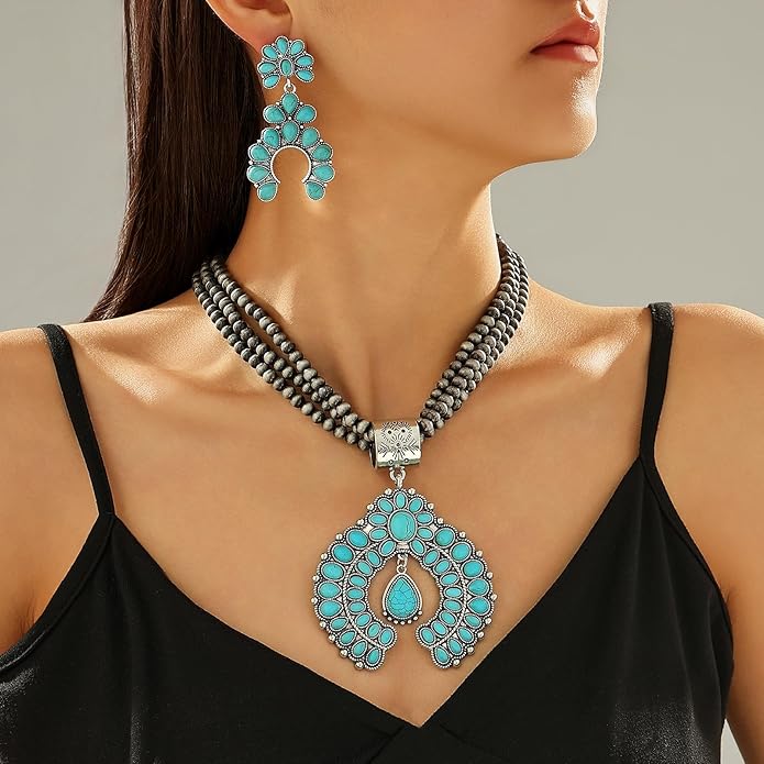 KLSURPRISE2 Western Jewelry Sets for Women – Turquoise Necklace and Earring Set Vintage Boho Cowgirl Accessories Country Jewelry Gift for Her