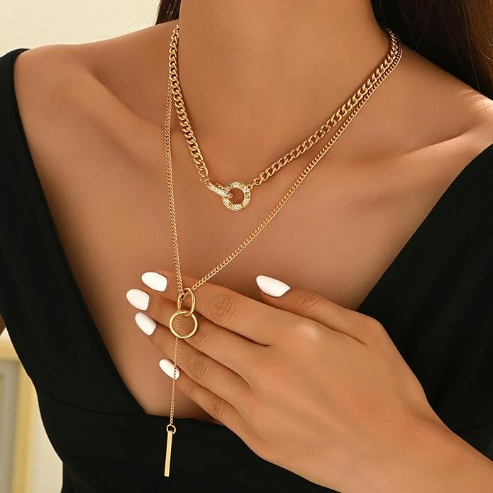 Irregular Y2k Long Y-shaped Necklace with Zircon Inlaid Sparkling Brick Tassel Pendant Double-Layer Chain High-end Fashion Accessory Women's