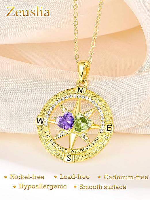 Zeuslia Double Birthstone Necklace Gifts for Wife - 925 Sterling Silver Sunflower/Rose/Crown Cross/Compass/Heart Pendant I Love You Necklace, Anniversary Birthday Gifts for Wife Girlfriend Mom Her
