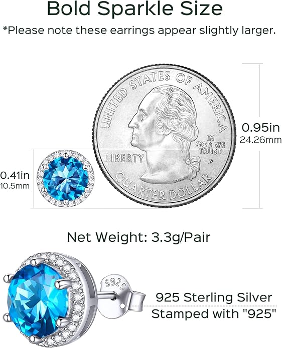 ChicSilver 925 Sterling Silver Birthstone Earrings for Women, 8MM/2 Carat Heart & Round Cubic Zirconia Stud Earrings, Hypoallergenic Jewelry, Ideal Birthday or Christmas Gifts