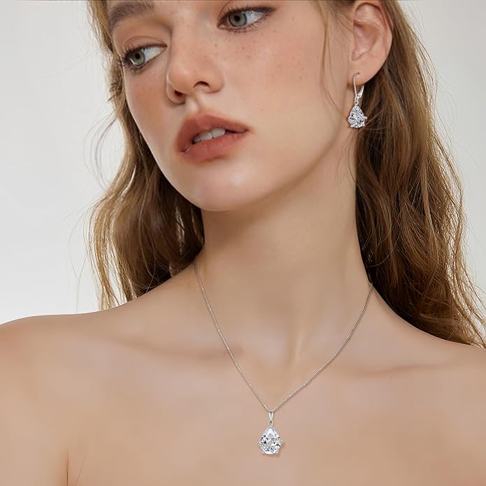 Teardrop Jewelry Set for Women 925 Sterling Silver Cubic Zirconia Necklace Dangle Drop Leverback Earrings April Birthstone Jewelry Gifts for Her