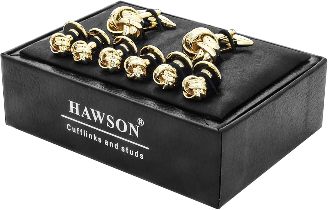 HAWSON Knot Cufflinks and Shirt Studs for Men in Gold or Silver Tone, Matching with White and Black Tuxedo, Suitable for Wedding Day or Formal Occasion.
