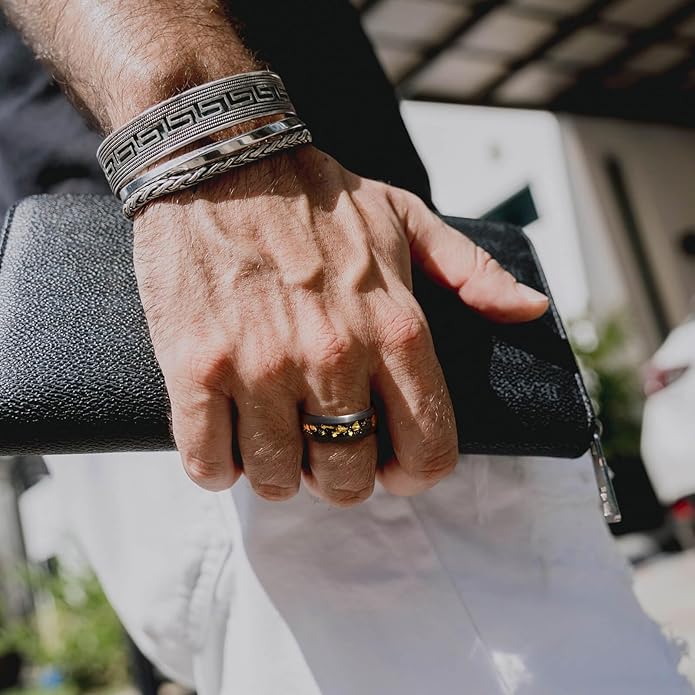 Men's 8mm Black/Gold Tungsten Carbide Wedding Ring Nebula Galaxy Wedding Promise Gold Foil Inlay Real Meteorite Matte Bevel Comfort Fit