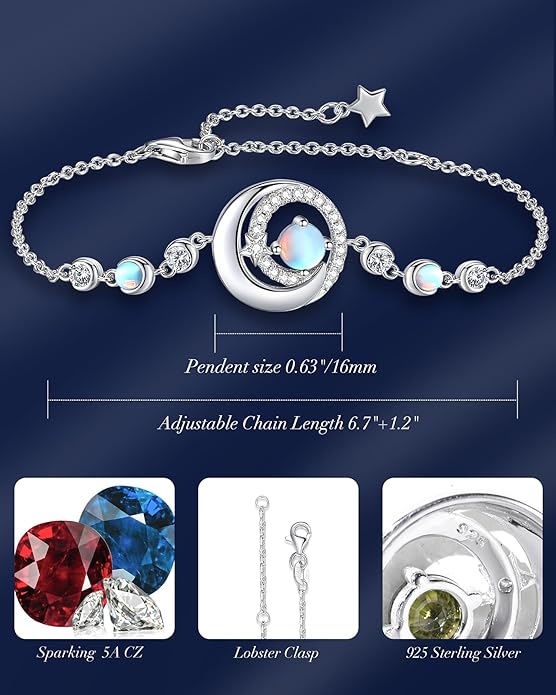 FANCIME Birthstone Bracelets 925 Sterling Silver Moon and Star Bangle Charm Bracelet Fine Jewelry Birthday Anniversary Christmas Day Gift for Her Women, Adjustable Chain 6.7"+1.2" Extend