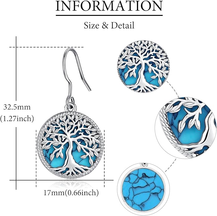 Tree of life Dangle Earrings Sterling Silver Moonstone/Turquoise/Malachite Earrings for Women Filigree Leverback Earrings Jewelry Gifts
