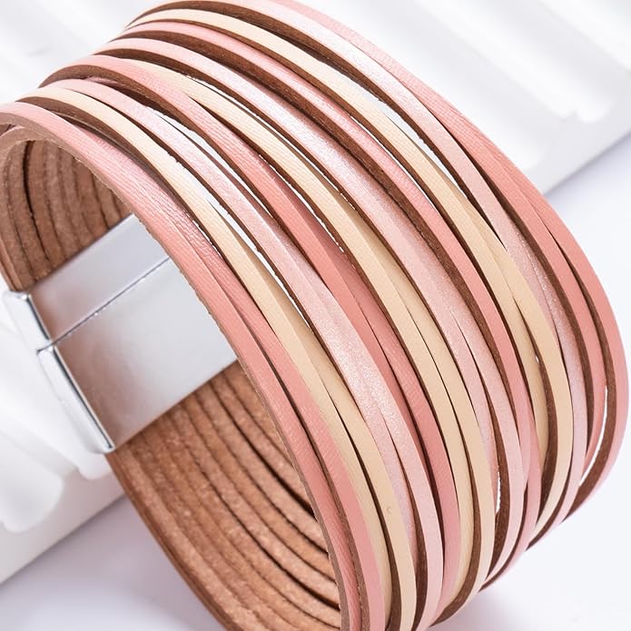 FANCY SHINY Boho Leather Wrap Bracelet Stackable Layered Bangle Cuff with Magnetic Clasp