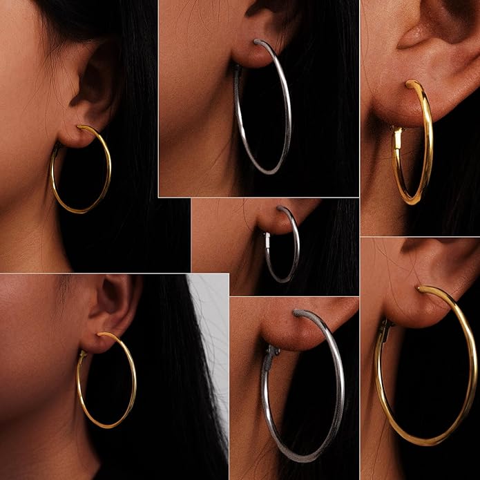 6 Pairs Gold Silver Hoop Earrings for Women, 14K Gold Plated Stainless steel Hoop Earring for Women, Lightweight Hypoallergenic Dainty Hoop Earrings Set