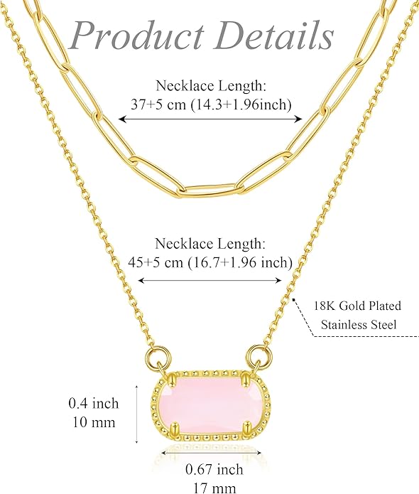 Lourny Gemstone Birthstone Pendant Layered Necklace for Women Trendy, 18K Gold Plated Paperclip Chain Preppy Choker Charm Necklace for Women Wife Jewelry