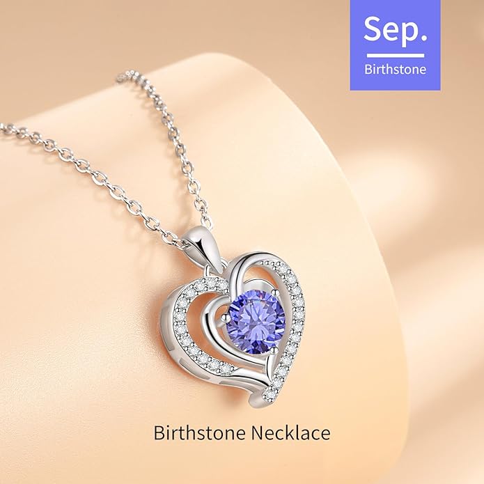 Heart Necklace, I Love You Always & Forever, Birthstone Cubic Zirconia Pendant, Gift for Women