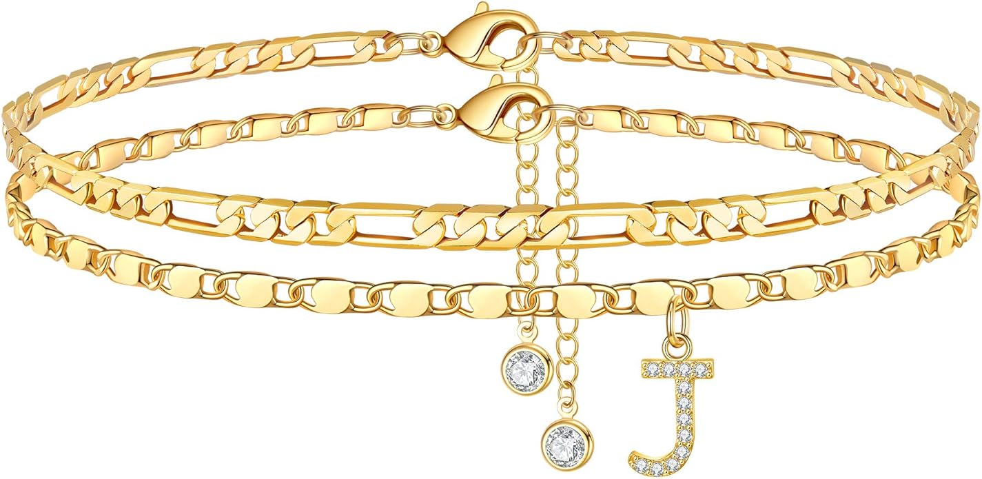 Ursteel Ankle Bracelets for Women, 14K-Gold-Plated Dainty Layered Chain CZ Initial Anklets Set Summer Jewelry Gifts for Women