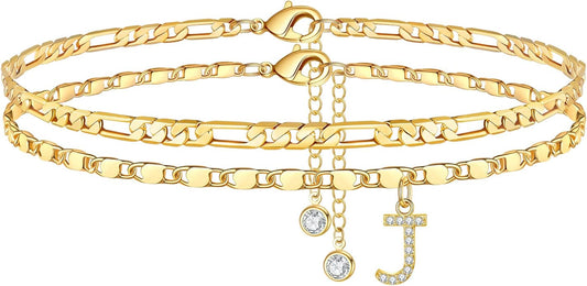 Ursteel Ankle Bracelets for Women, 14K-Gold-Plated Dainty Layered Chain CZ Initial Anklets Set Summer Jewelry Gifts for Women